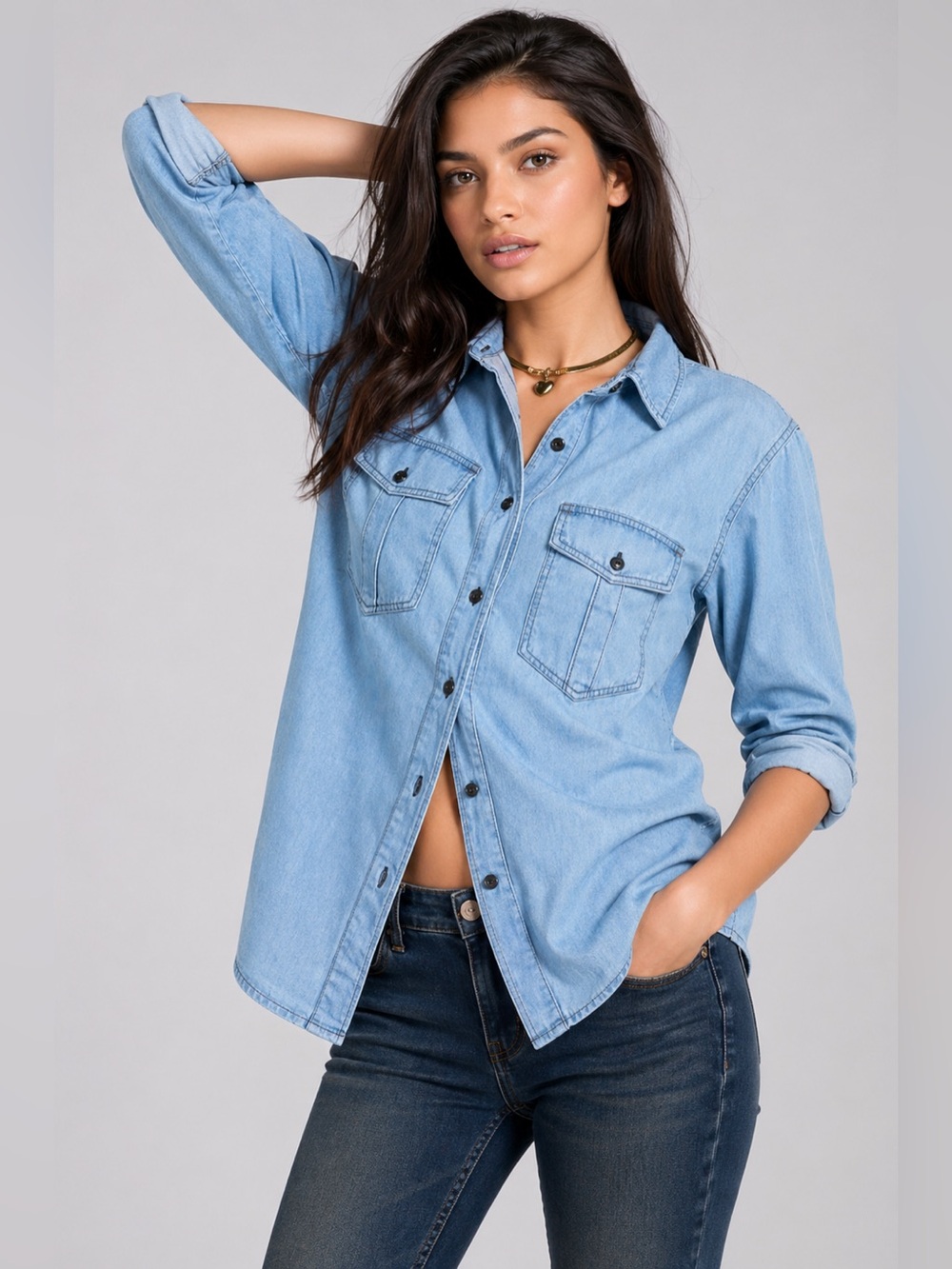Free People Chambray Denim Button Up Shirt Boho Lightweight Casual Women Size S